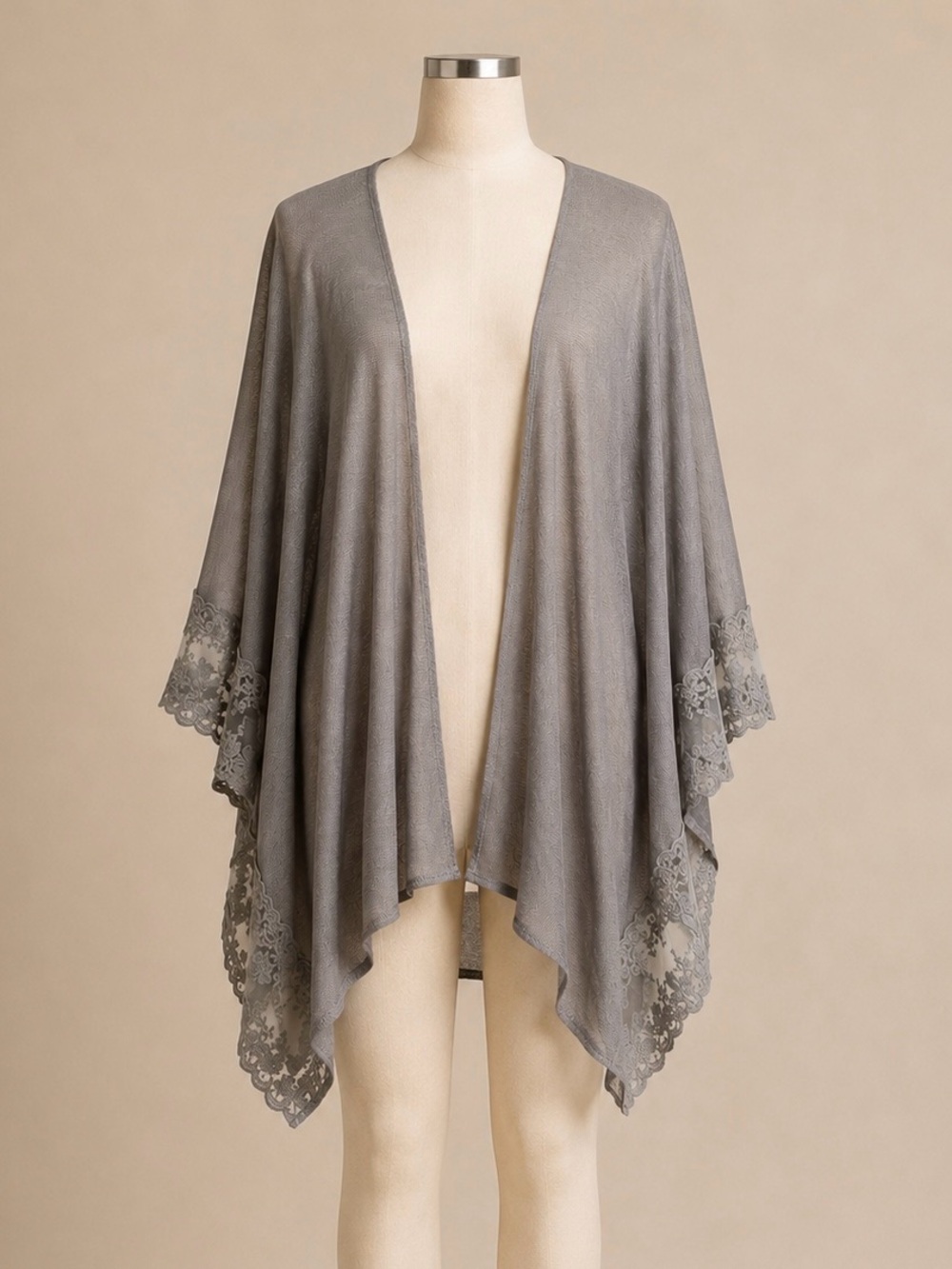 LC Lauren Conrad Gray Lace Trim Open Front Ruana Kimono Cardigan One Size